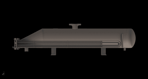 An inside view of an Enerquip Steam Generator. Hot oil flows through the tubes, while the tube bundle sits in water. When the two collide, steam is generated and flows up and out to be distributed as clean steam. 