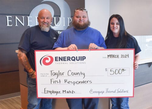 Enerquip presents $500 check to Taylor County First Responders.